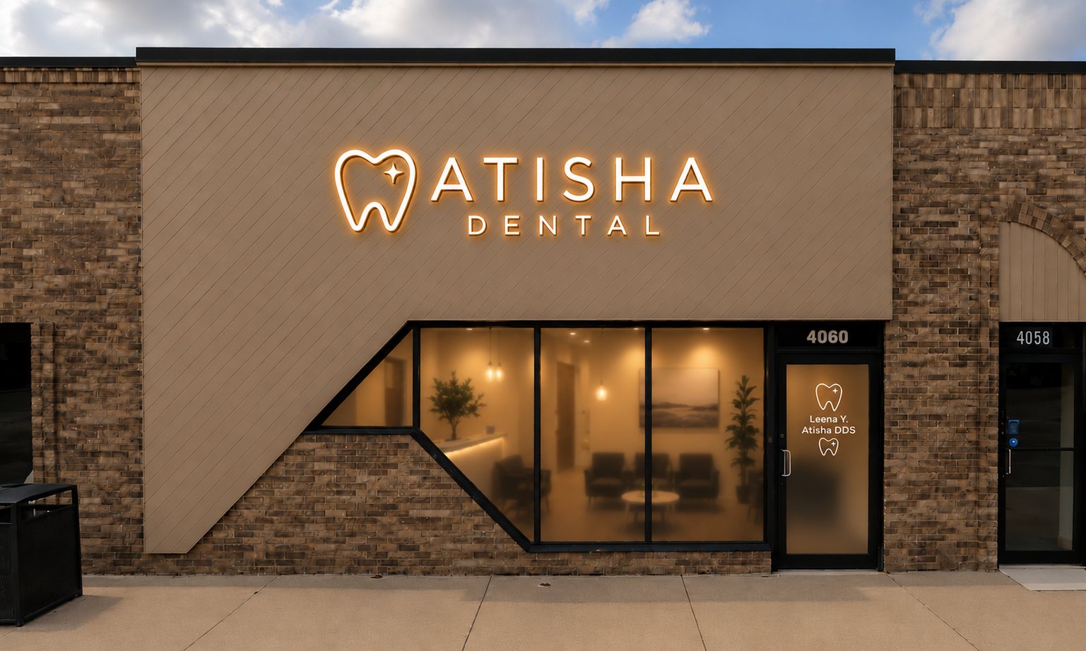 Atisha Dental office storefront and illuminated sign on Haggerty Rd, Commerce, MI